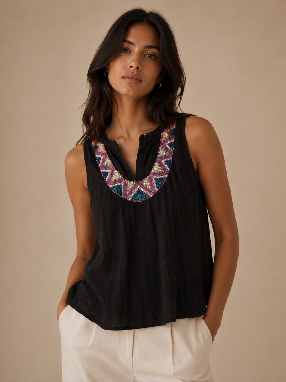 Boho Embroidered Black Sleeveless Tank Top Festival Peasant Blouse XL